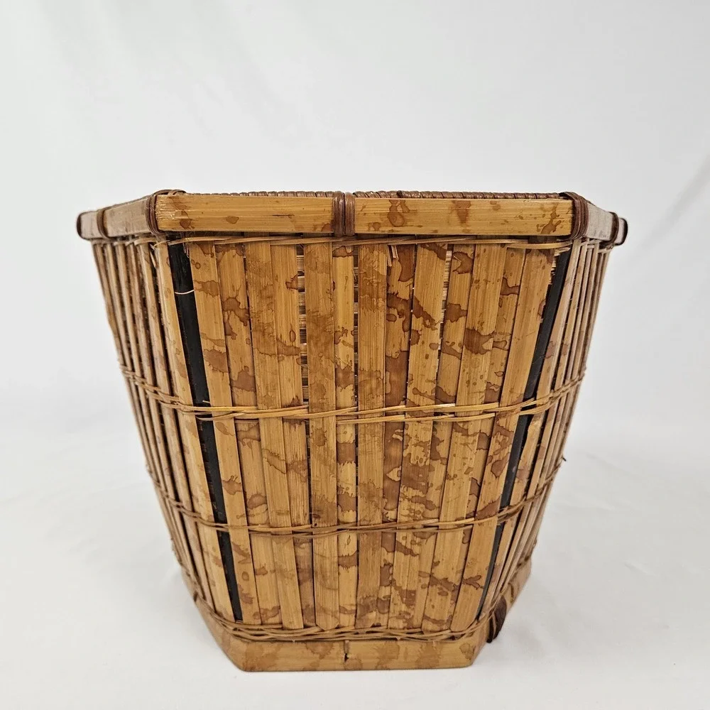 Vintage Tortoiseshell Bamboo Basket Planter Wastepaper Trash Can Boho MCM Rattan